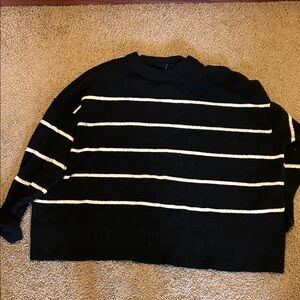 aerie Black and White Striped Crewneck Sweater